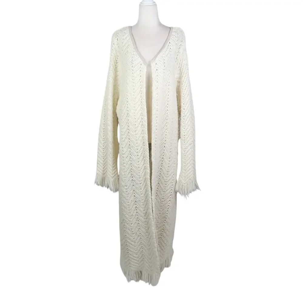 Vintage Cream Crochet Knit Blanket Coat Long Duster Cardigan Sweater L